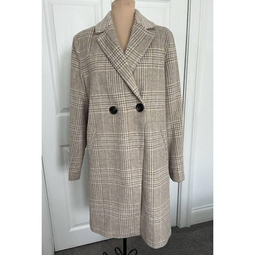 Sam Edelman Wool-Blend Double-Breasted Cutaway Coat Beige Feminine Plaid Size S